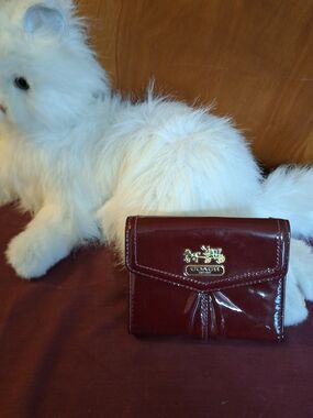 Coach Patent Leather Trifold Wallet in Deep Burgundy